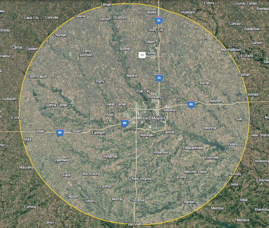 Smart Home Exteriors service area map for Central Iowa